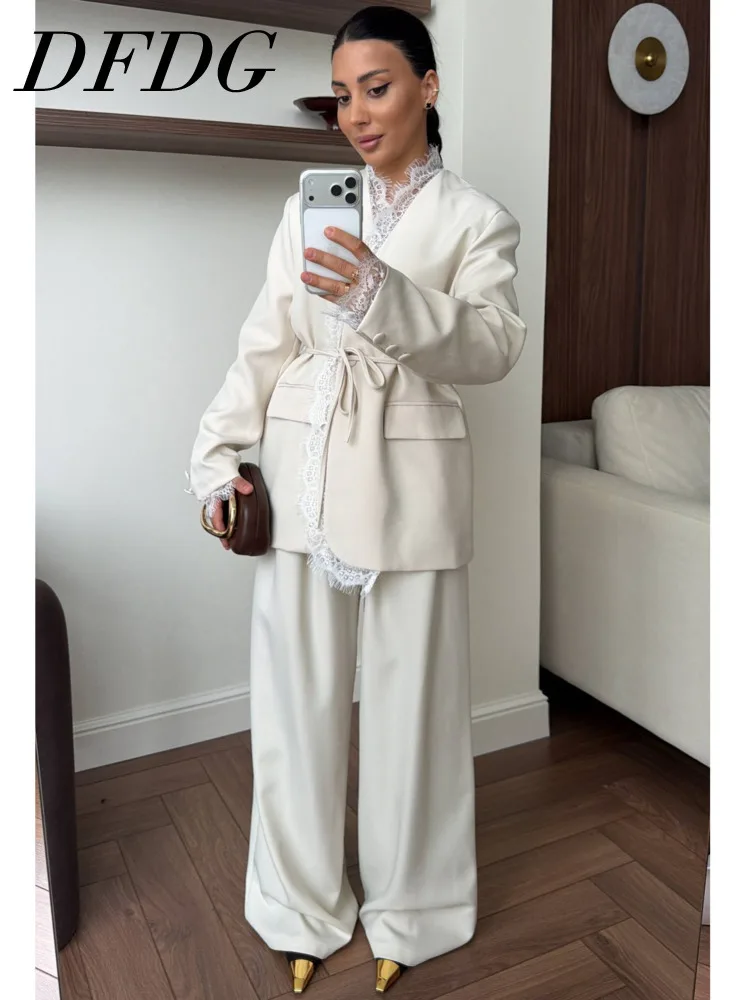 

DFDG Women's Spring Lapel Lace Patchwork Tie Waist Blazer Wide Leg Pants Set Elegant Formal 2026 Trendy Feminine Fashion Set