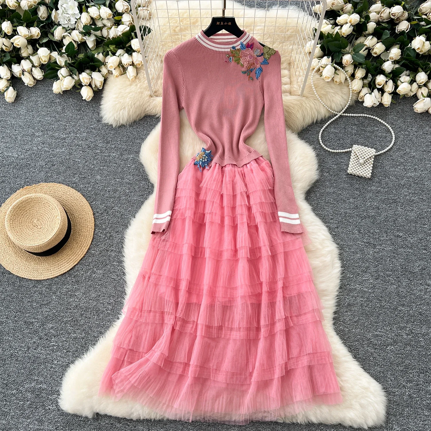 Elegant O-neck Vintage Long Sleeve Chic Floral Embroidered Slim Knit Spliced Mesh French Evening High Street Autumn Dresses