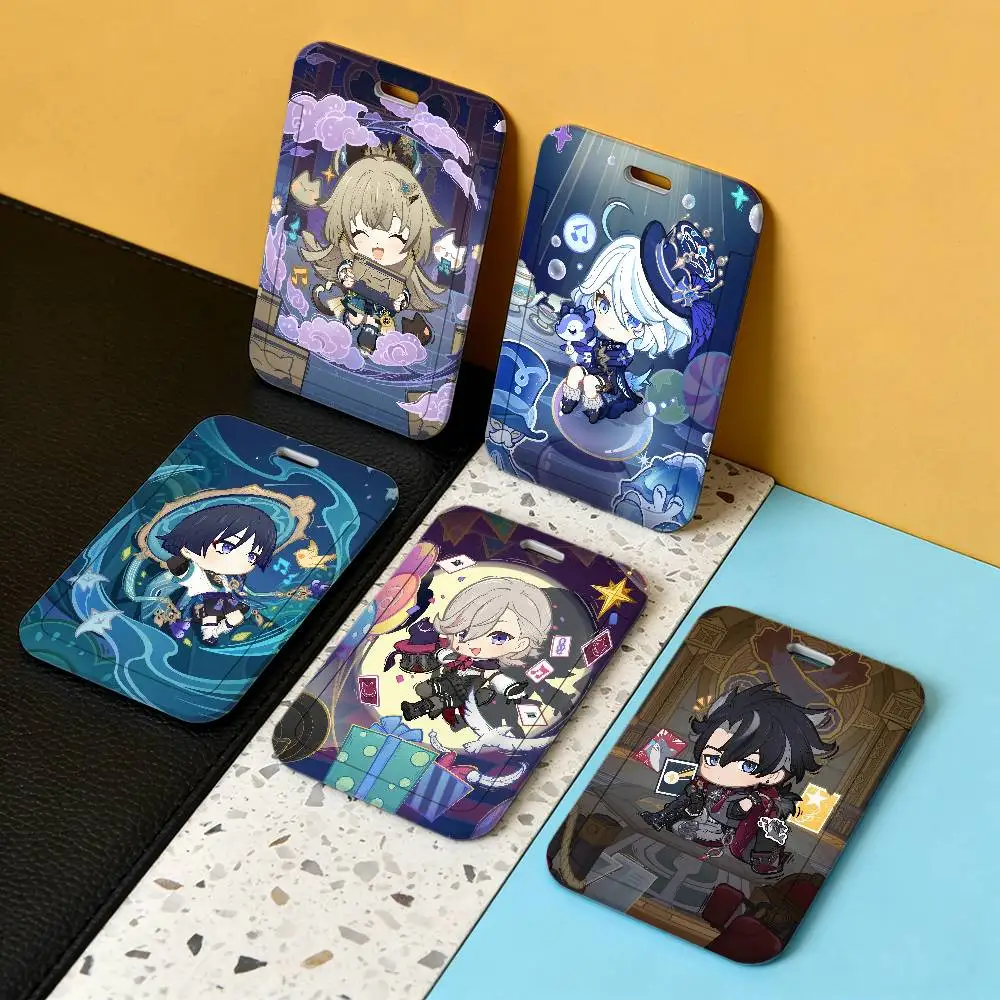 Genshin Impact Cute Q V-Version M-Mavuika Transparent Card Holder Employee Plastic Slide Cover Lanyard Work Business ID Bag Bus