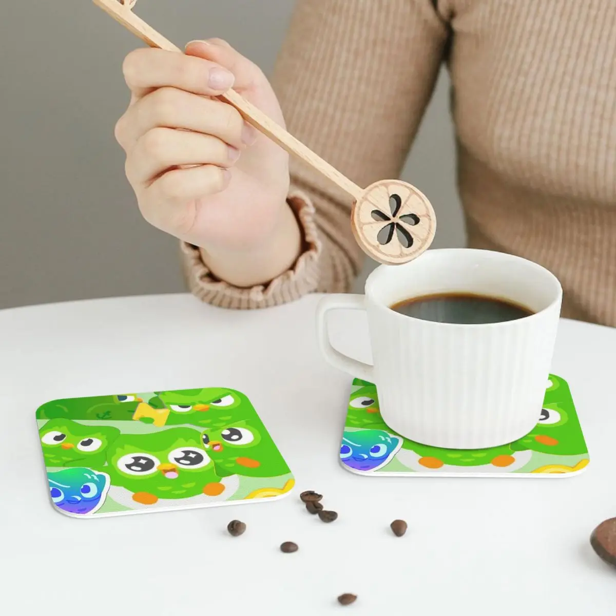 Duolingo البومة الثنائية الوقايات المفارش الجلدية عدم الانزلاق العزل القهوة الحصير للمنزل المطبخ الطعام منصات مجموعة من 4