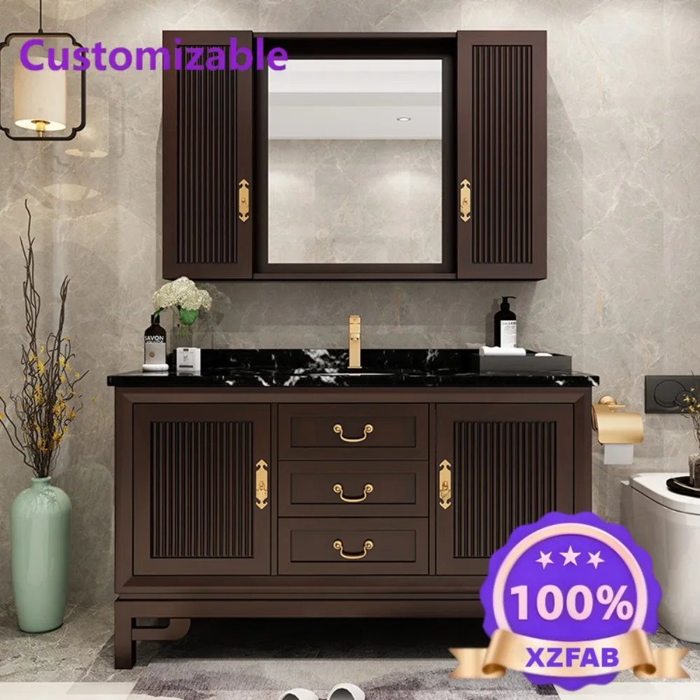 Factory Direct 2026 New Chinese oak floor-to-ceiling bathroom cabinet marble countertop solid wood washbasin bathroom cabinet co