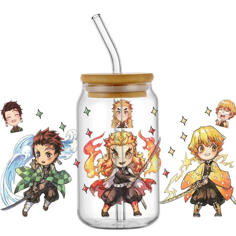 Miniso Demon Slayer Popular anime pattern 16oz UV DTF Libbey Wrap Tumbler Stickers Glass Can Selfadhesive Waterproof