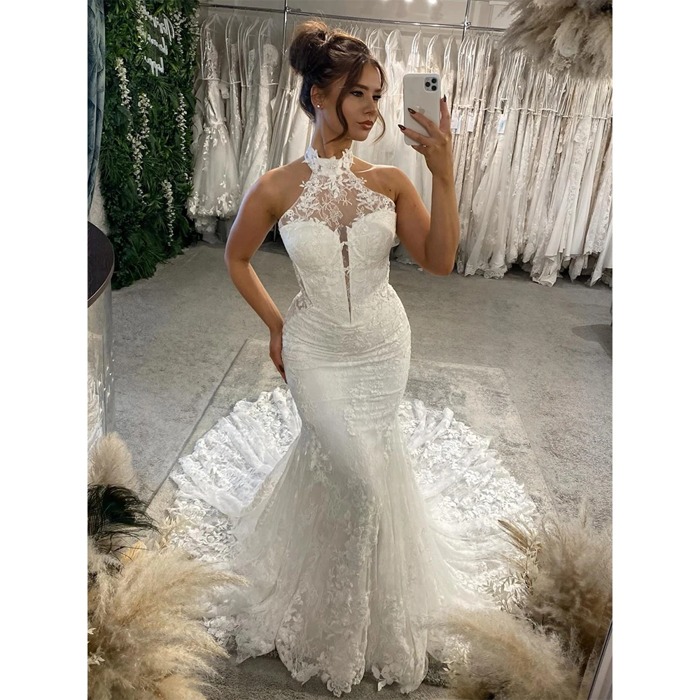 

MVOZEIN Mermaid Wedding Dress Halter Neck Lace Corset Brides Dresses Court Train Wedding Gown