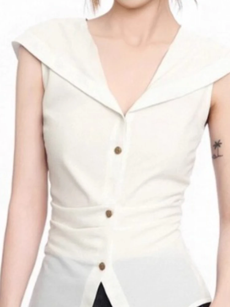 여성 탱크탑 화이트 네이비 칼라 민소매 셔츠 여성 여름 2025 신상 슬림핏 타이트 허리 블라우스 우아한 패션 숏 베스트 탑