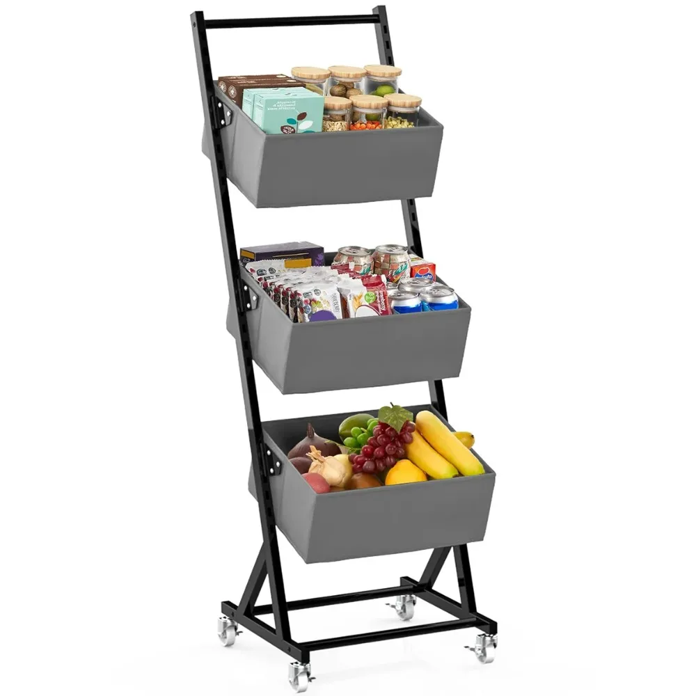 3 Tier Fruit Basket Rack,Stackable Fruit and Vegetable Wire Basket with Wheels for Onions and Potatoes Storage and Organization