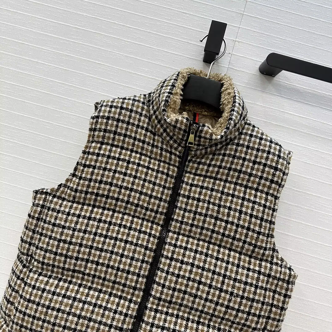 2025 New Winter Warm Goose Down Tank Jacket Women Woolen Plaid Pattern Fleece Turtleneck Sleeveless Casual Loose Vest Jacket