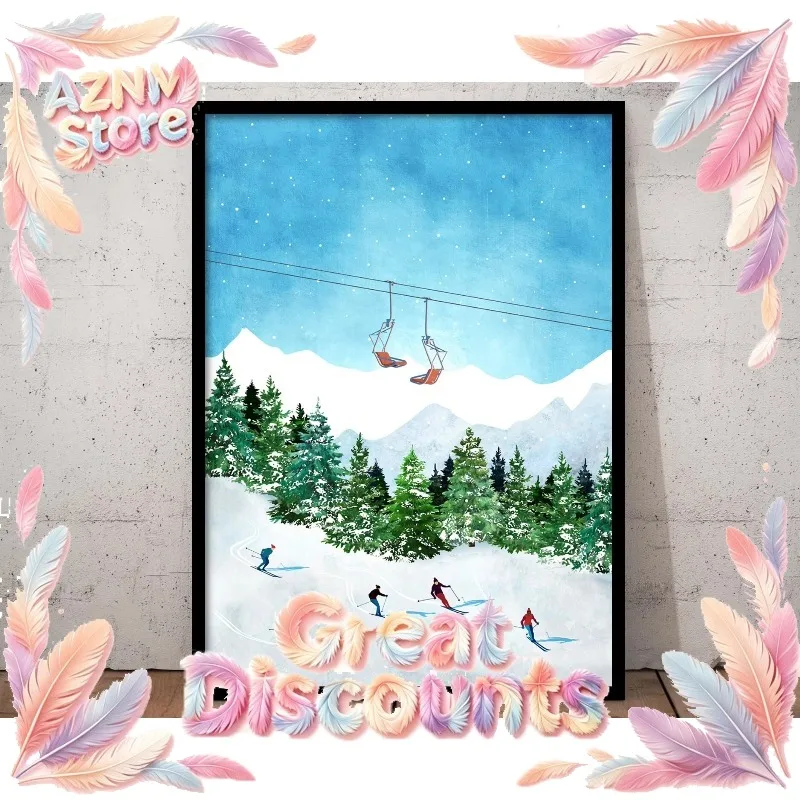 2026Retro Mountain Print Ornamental Snowy Wall Art Pictures Snowberg Group Ski Canvas Poster Kids Bedroom Home Decor
