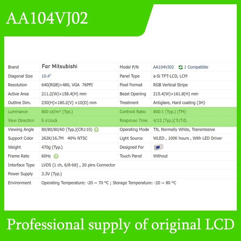 AA104VJ02 10.4 Inch Original TFT LCD Display Screen Panel for Mitsubishi Brand New Tested