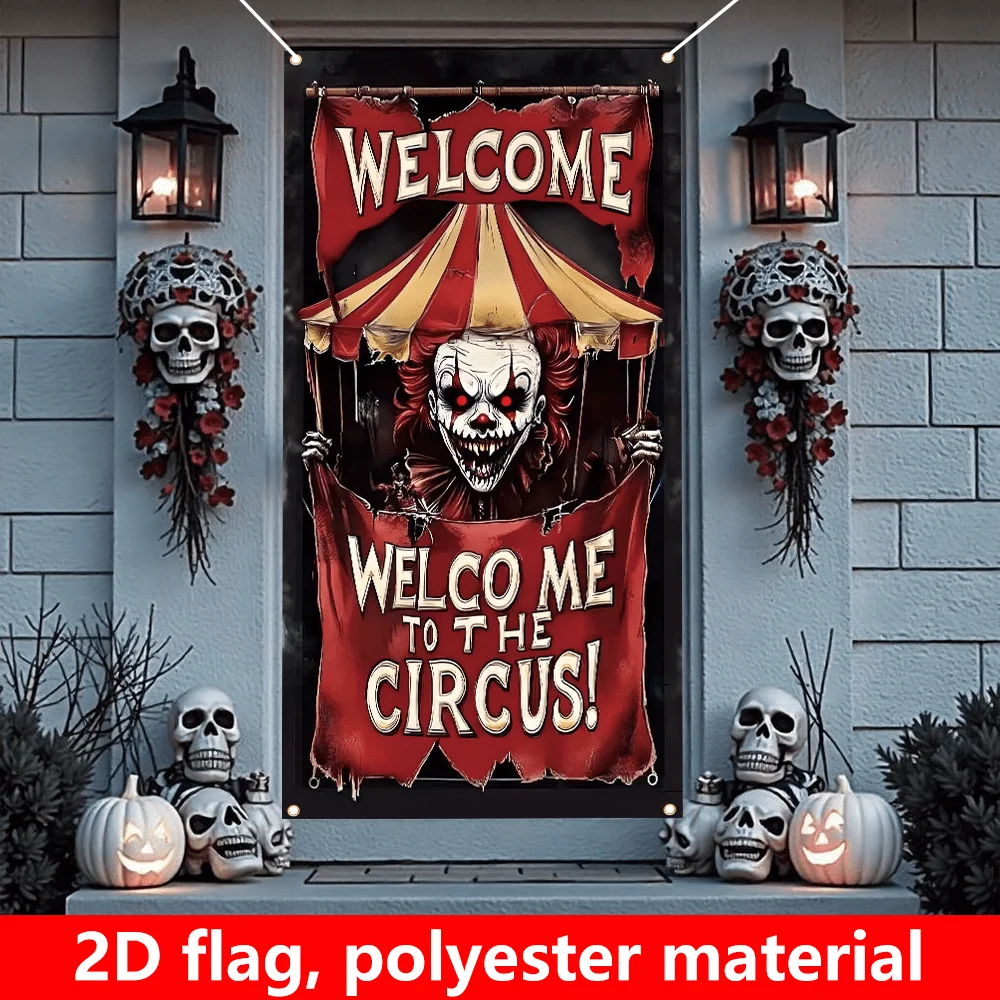 Einzelner Artikel, 2D-Flachflagge, Halloween-Veranda-Dekorationsflagge, Horror-Zirkus-Clown-Halloween-Veranda-Dekorationsflagge – Detail 4