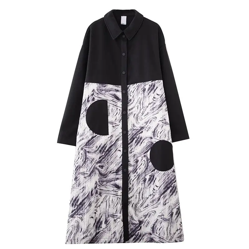 2024 Autumn/Winter Fashion Woolen Splicing Printed Casual Windbreaker Irregular Patchwork Fashion Long Coat Trench Dress A323