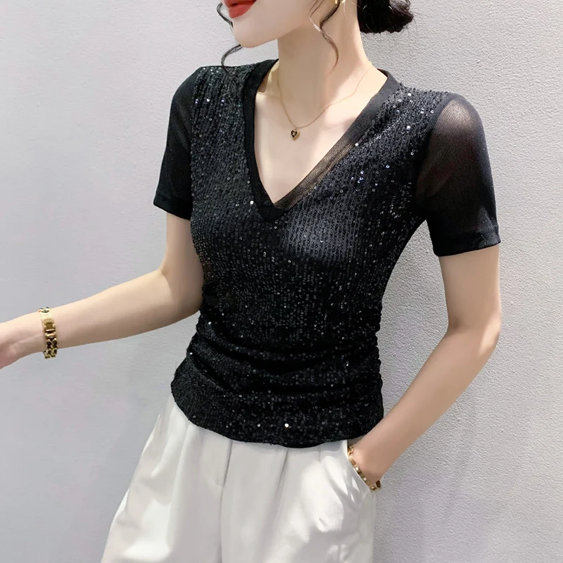 Sexy V-Ne T-irt Women's ort Sve Me Splice Sequin Slimming Top Trendy Summer Faion Small irt Korean Sle