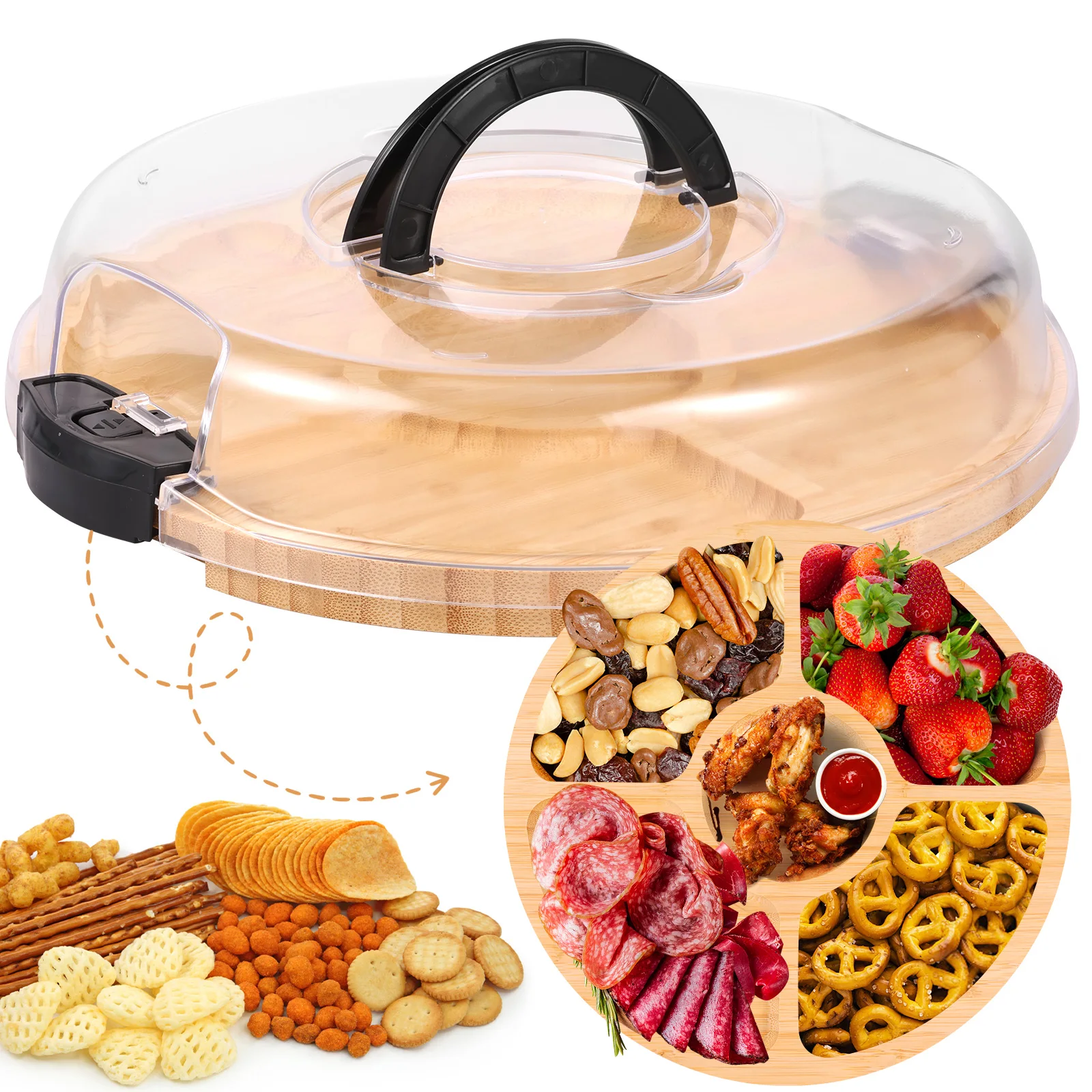 Küssebrett mit Deckel, Obstteller, Serviertablett, rundes Charcuterie-Brett mit Deckel, großes Fassungsvermögen, geteiltes Design für Party-Picknick