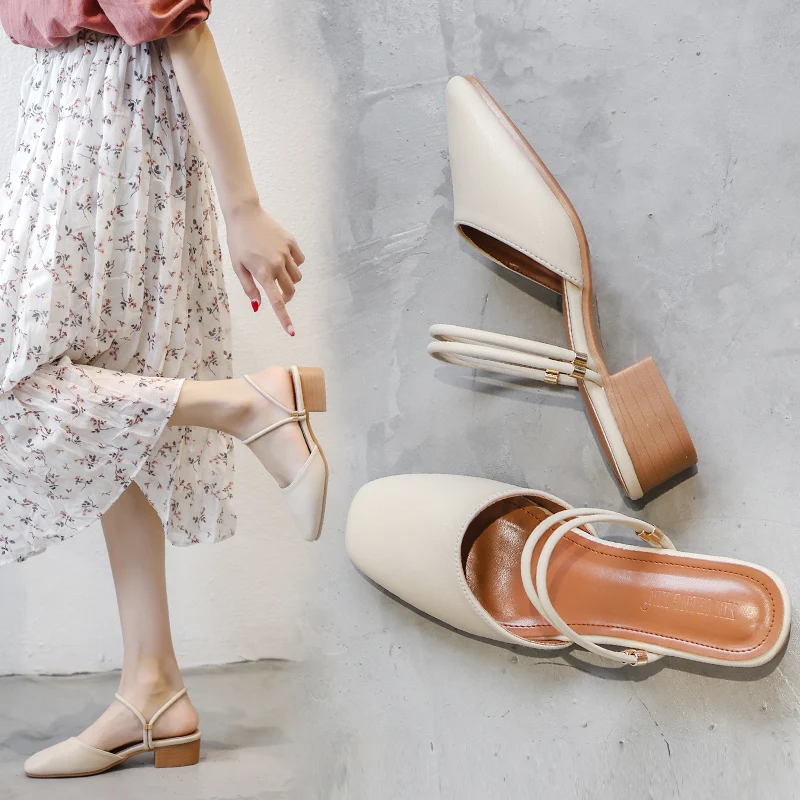 

Fashionable Summer Sandals Women's Two-Way Wear Outdoor Thick Heel Clog Shoes Low Cut T-Strap Rubber Sole Pure Color