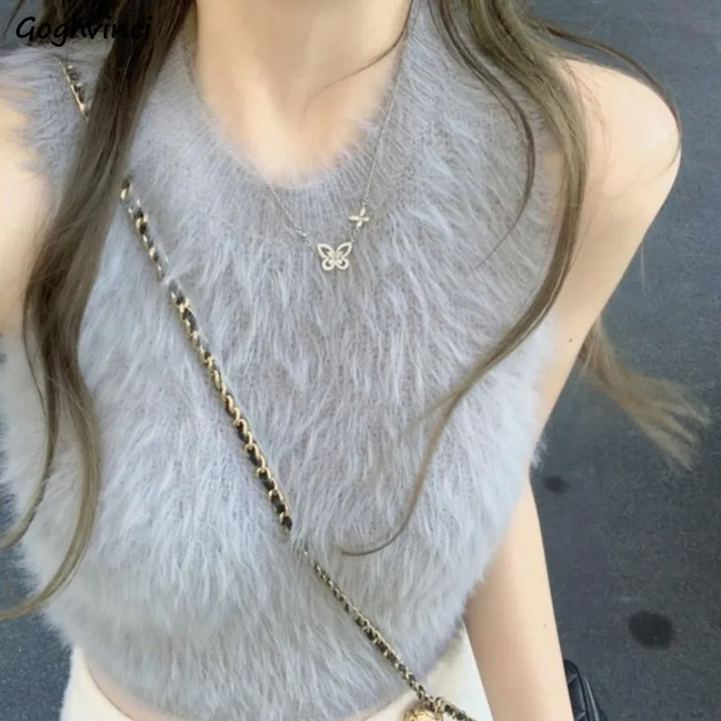 Fur Tanks Women Basic Sexy Warm Cozy Solid Autumn Winter Off Shoulder Streetwear Vintage Chic Sleeveless Young Lady Slim Fashion