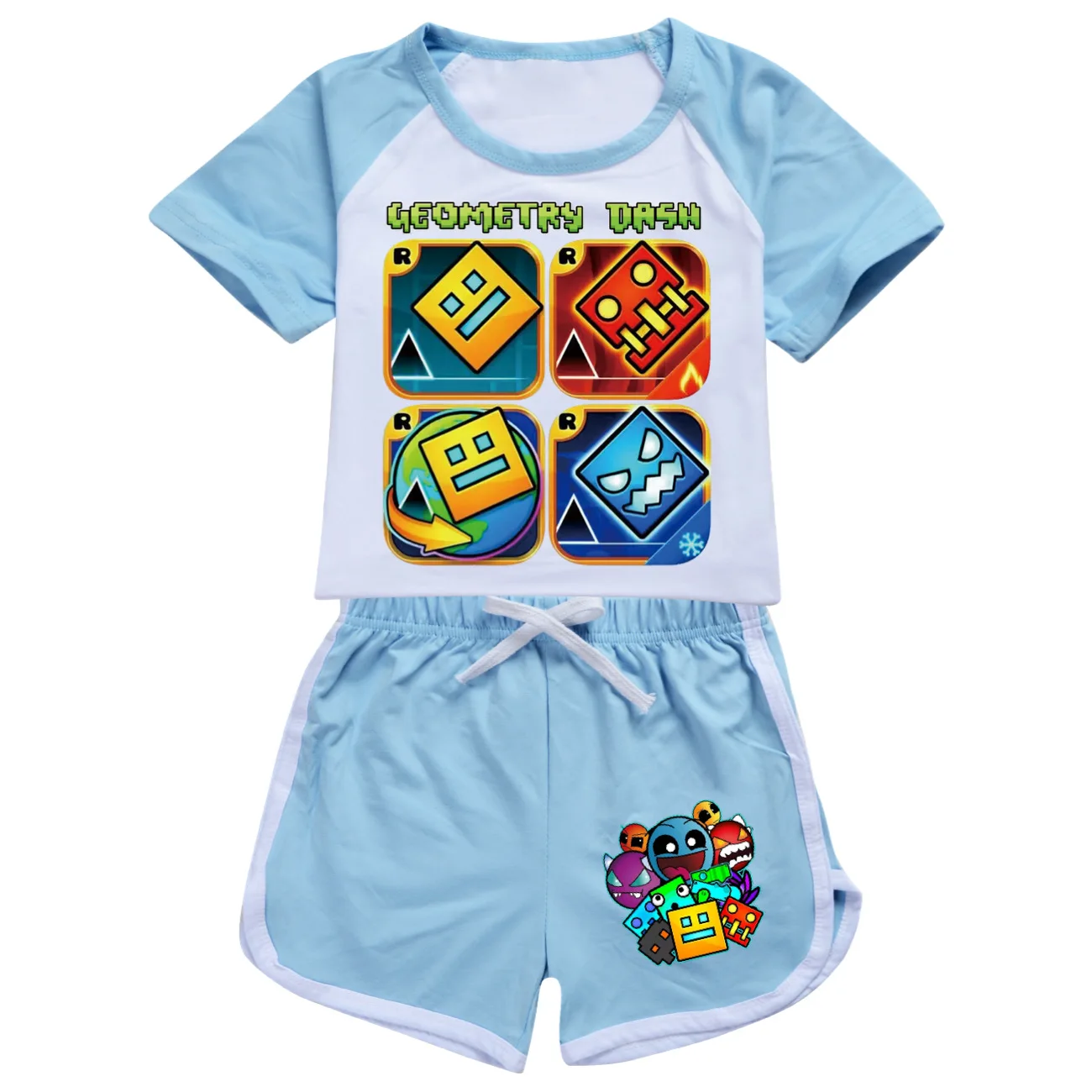 Game Geometry Dash Fatos de treino para crianças, desenhos animados para crianças, roupas para meninos e meninas, camiseta de manga curta e shorts, verão, conjuntos 2pcs