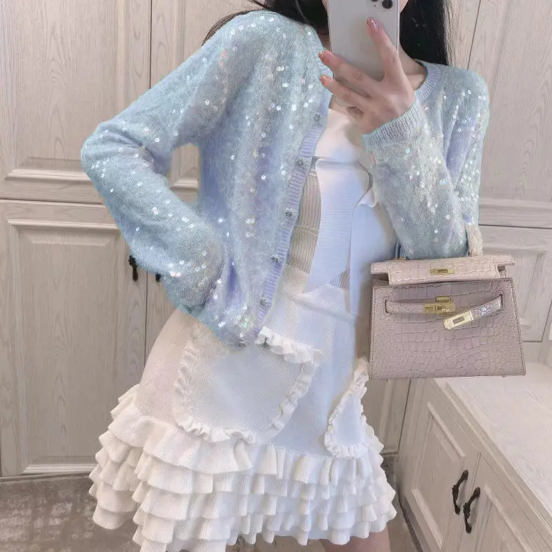 Luxury Women Girls Sequins Knitted Cardigan Beaded Sweater Coat Loose Short Coat Thin Single-breasted Shiny Knitwear Crop Tops