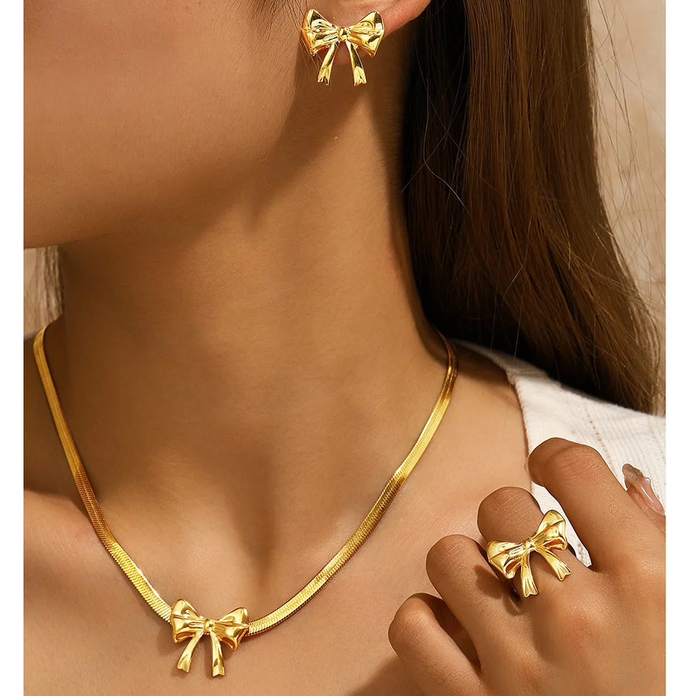 

Boho Bow Ring, Stud Earrings and Necklace Set, Waterproof and Fadeproof, Women's Jewelry, Wedding Party Favors