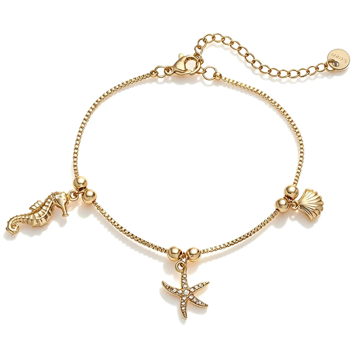 NEWBUY 316L Stainless Steel Ocean Charm Bracelet Seahorse Starfish Seashell Waterproof Summer Beach Stackable Jewelry