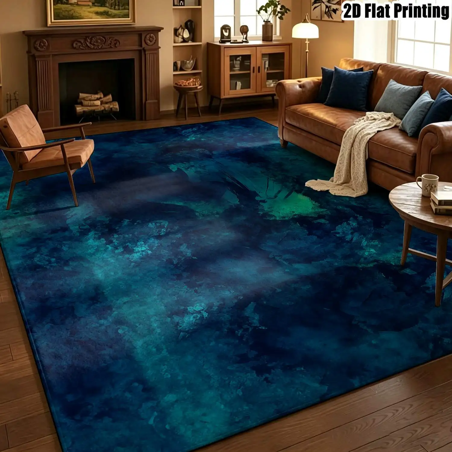 1Pc 2D Printed Carpet: Blue-Green Abstract Art, Nordic/Instagram/Modern Minimalist/European/Vintage Style, Multi-Size, Machine Washable, Ideal for Entryway, Dining Room, Foyer, Bedroom, Living Room Home Decor