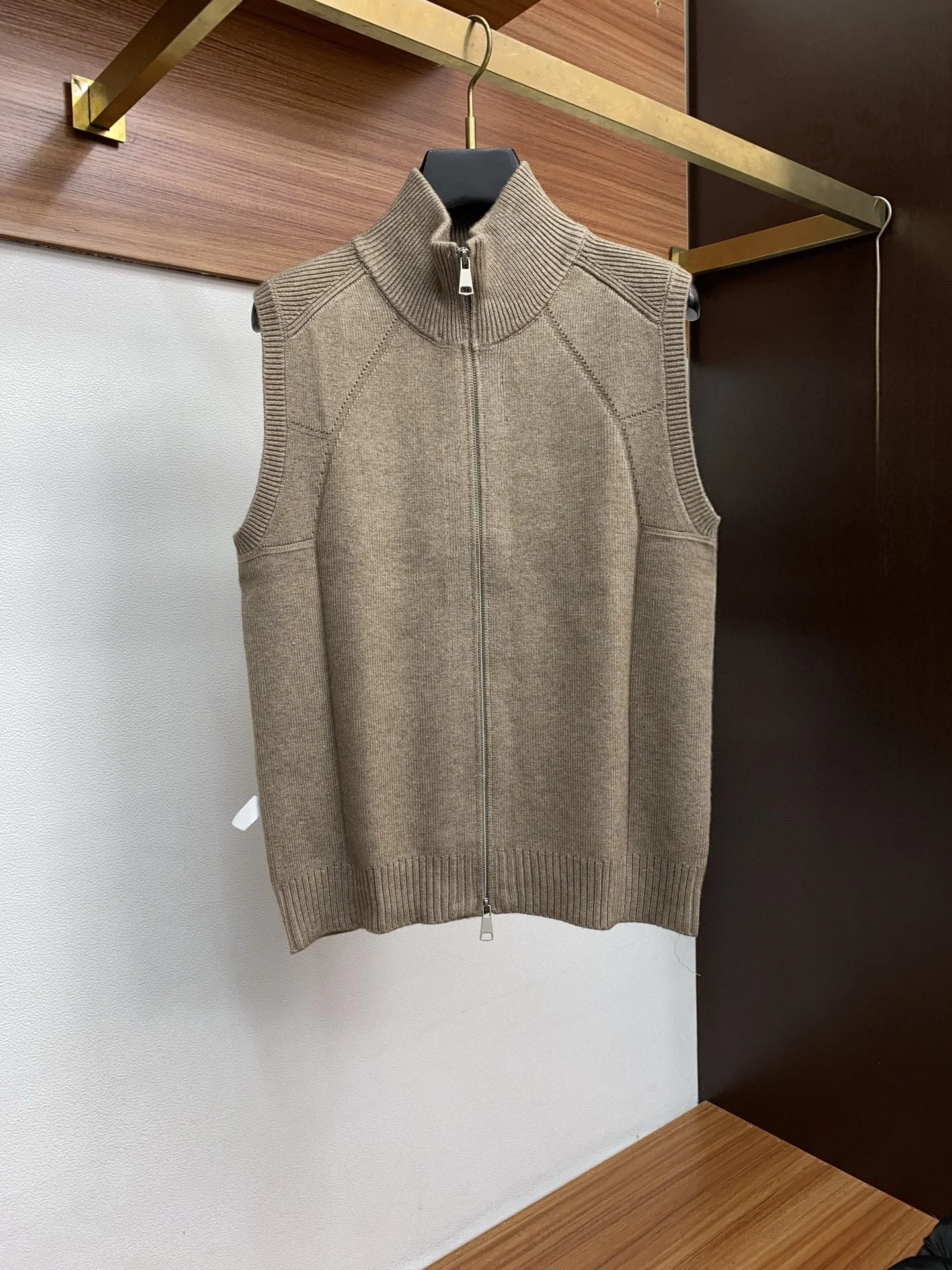 

Stand-up collar double zipper simple knitted sweater cardigan vest