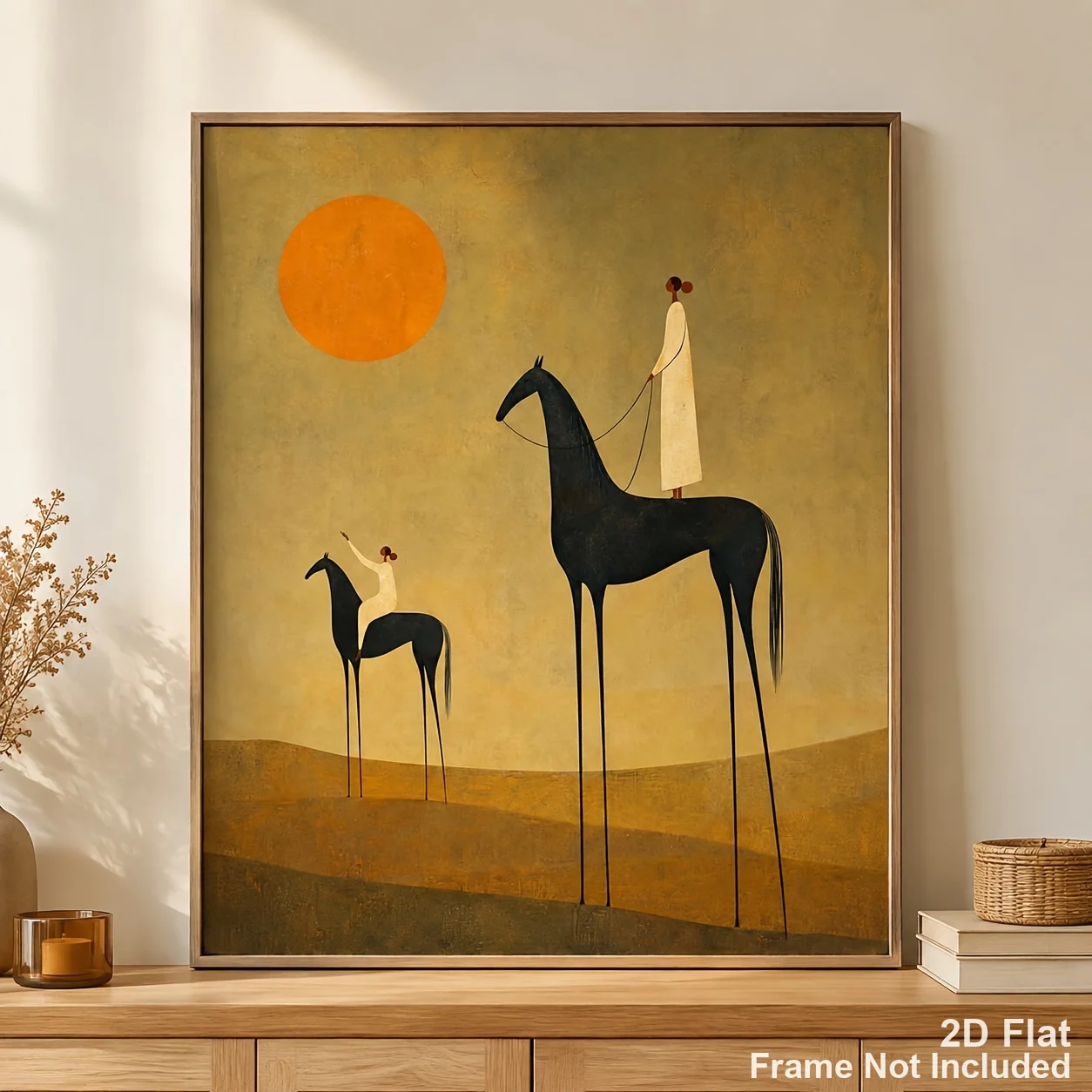 (No frame)Horse Rider Desert Sun Wall Art, 2D Flat Vertical Minimalist Equestrian, Neutral Horse & Rider Landscape, HD Unfram