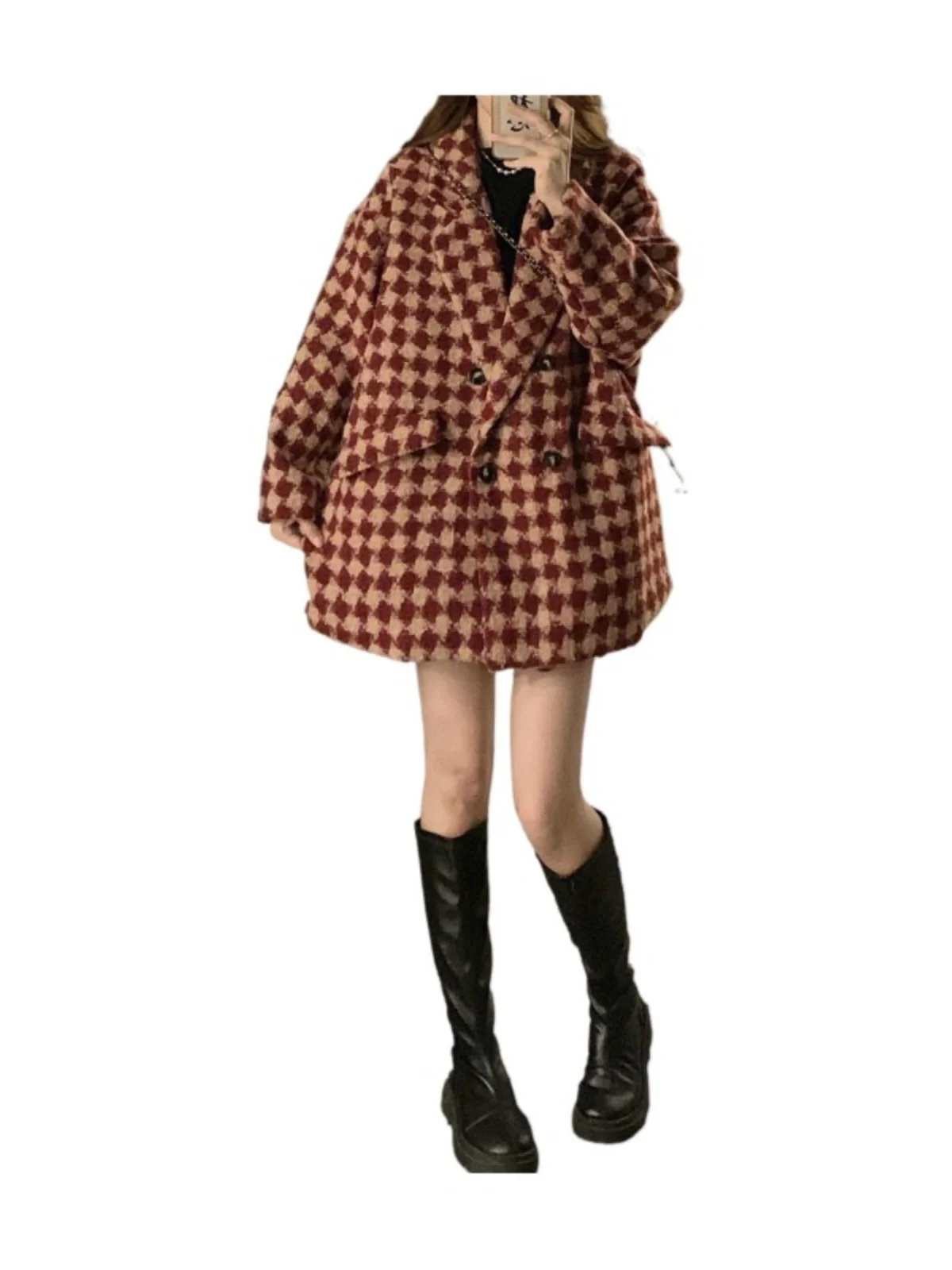 Red Plaid Thiened Woolen Suit Jaet for Women Autumn Winter New Sle Street Faion Large Size Korean Version Commute Pat...