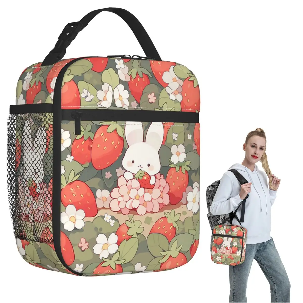 Cartoon Rabbits Eat Strawberries Pattern Insulated Lunch Bag for Women Kids Leakproof Food Boxes Thermal Lunch Box Tote