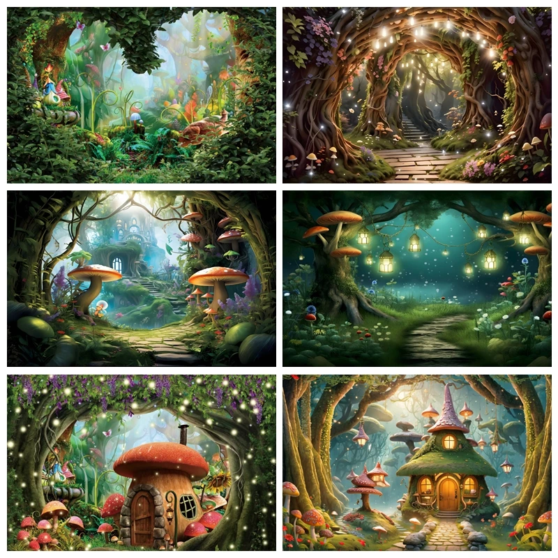 Fairy Tale Forest Photography Backdrop Wonderland Dreamy Jungle Mushroom Baby Birthday Party Decor Banner Photo Backgrounds