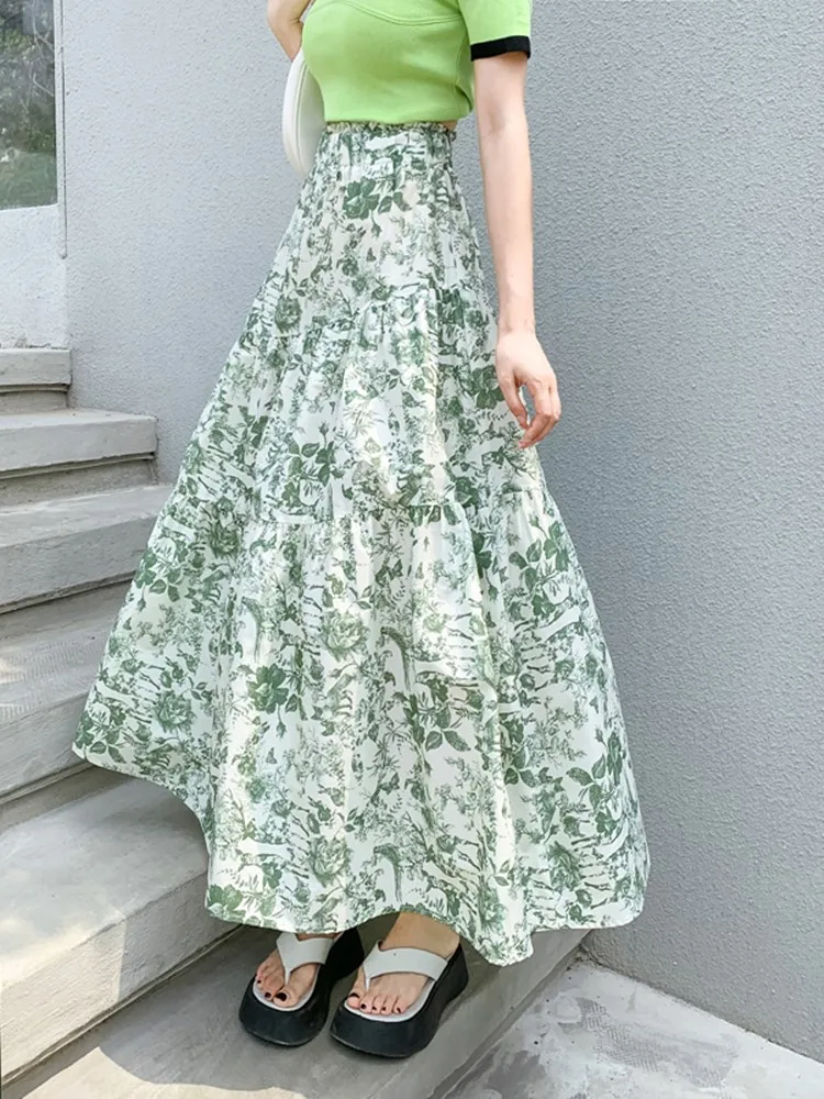 

2024 Summer Women Streetwear Elastic Waist Midi Skirt Cotton Floral Print A-line Long Skirts Inclined 3 Layer Lotus Leaf Skirt