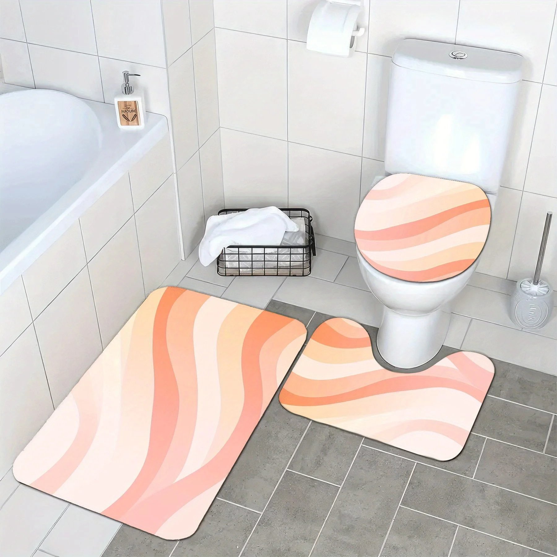 3pc Peach striped bathroom set, U-shaped mat, non-slip mat, toilet seat cover, suitable for bathroom decor.