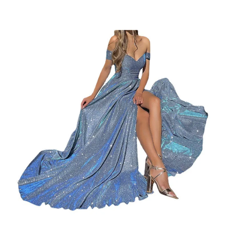2025 تنورة الحفلات Ins الترتر تنحنح كبير بدون حمالات مثير موضة سبليت فستان Vestidos رداء De Soirée De Mariage فساتين لحضور الحفلات الموسيقية على شكل حرف v