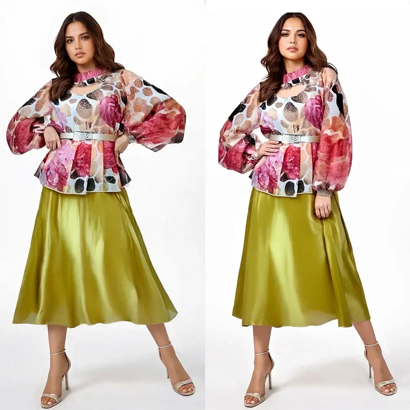 2 Piece African Clothes for Women Summer Elegant African Long Sleeve Top Skirt Matching Sets Dashiki Africa Clothing Outfits