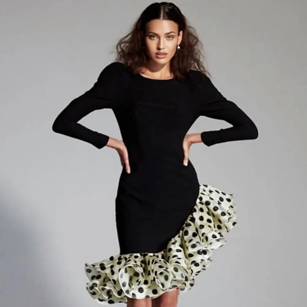 

Fashion High Stretchy Black Short Women Dresses With Polka Dot Ruffles Details Full Sleeves Female Holiday Party Dress