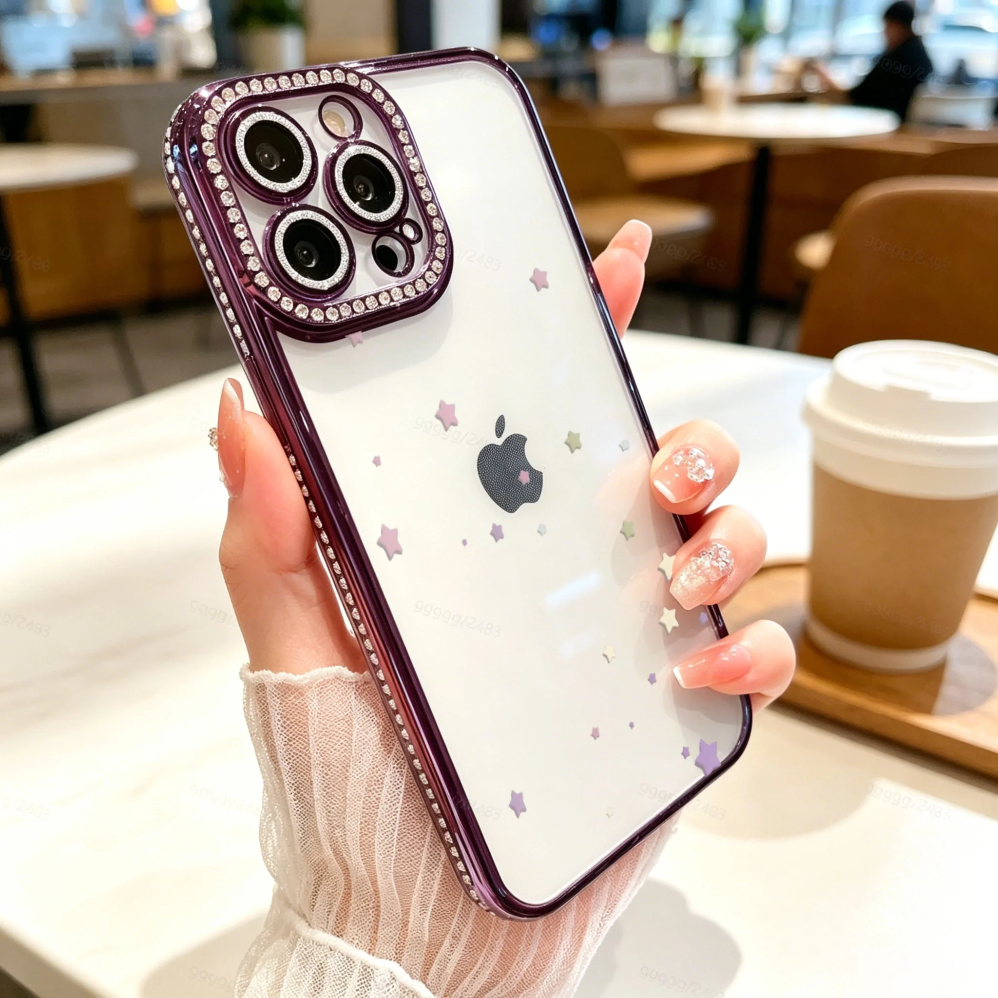 Diamond Electroplated TPU Phone Case for iPhone,  Luxury Glitter Phone Case, Purple Rhinestone Camera Frame With Star Pattern  , Luxury Glitter Rhinestone Frame, Built-in Lens Protector, Anti-Slip Shockproof Clear Cover view 4