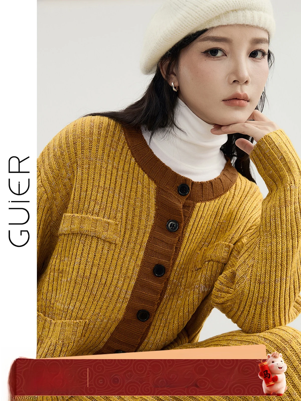 

Guier Color Blo Knitted Open Cardigan Women's Casual round Ne Versatile Design Top for Autumn Winter New Arrival