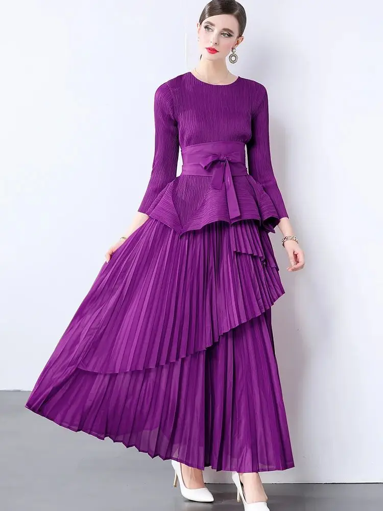 

2025 Holiday Pleated 2 Pieces Set Outfits For Women's Bandage Belt Ruffles Stretch Irregular Top+Elastic Waist Long Skirt Suit