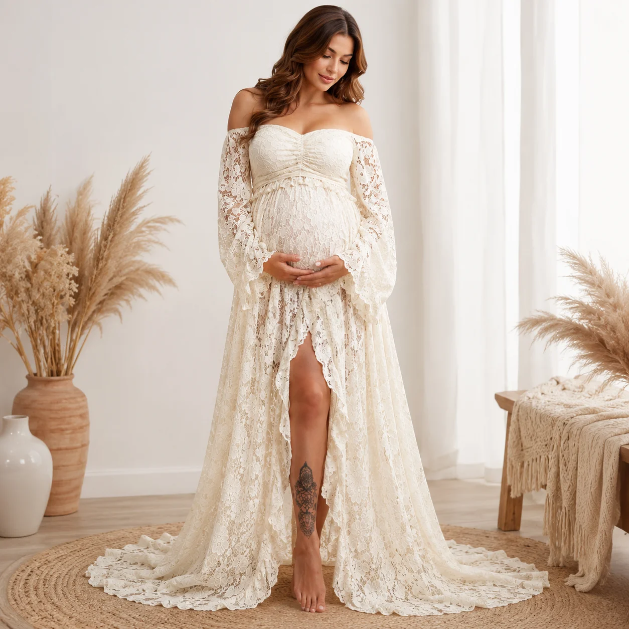 Boho Lace Maternity Dress Off Shoulder Flare Sleeve Split Maxi Gown Pregnancy Photoshoot Baby Shower Long Photography Dress For