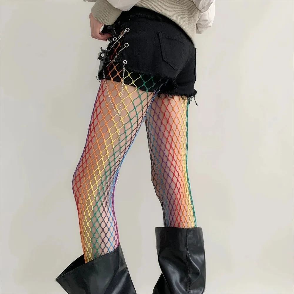 Punk Y2K Rainbow Fishnet Stockings Dopamine Large Mesh See-through Tights Stretch Colorful Hollowed Out Pantyhose Dance