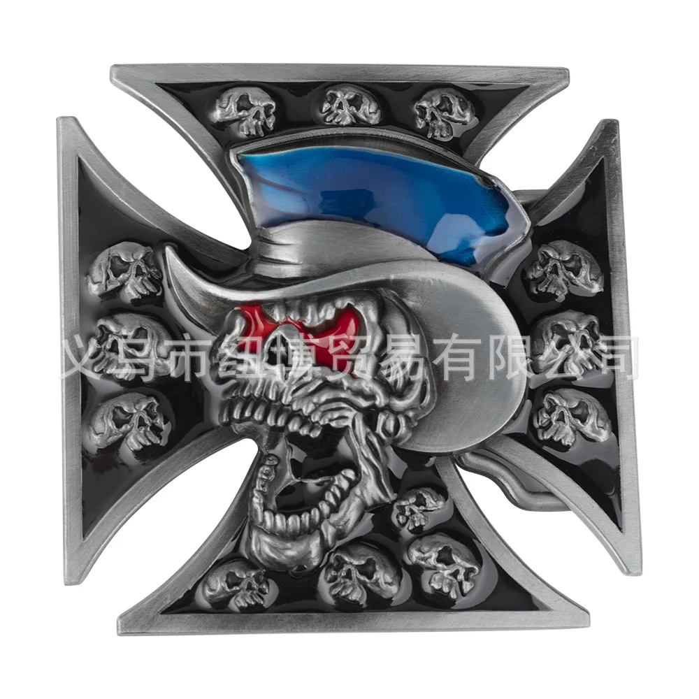 Skull Cross Belt Buckle Blue Hat, Red Eyes, Exaggerated Big Mouth