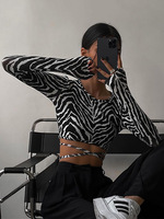 2025 sexy backless lace up pullover women's autumn black zebra print O-neck slim fit long sleeved T-shirt