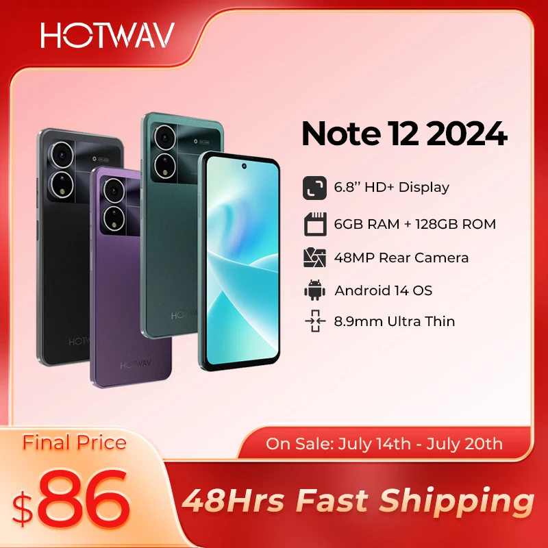 HOTWAV Note 12 2024 Smartphone 6.8'' Large Display Android 14 OS 16(6+10)GB 128GB Mobile Phone 48MP 5160mAh Ultra-Thin Cellphone
