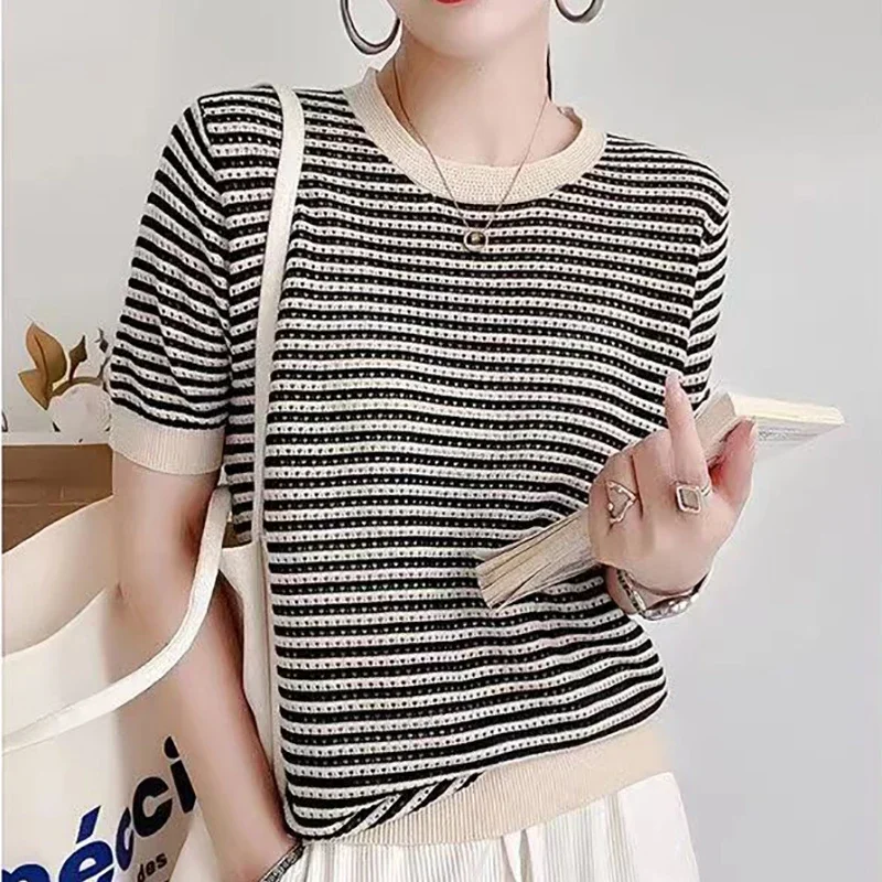 T Shirt For Women Knitted Hollow Out Thin Striped Tshirt Summer Tops Casual Round Neck Tee Shirt Femme T Shirts Womens Clothing