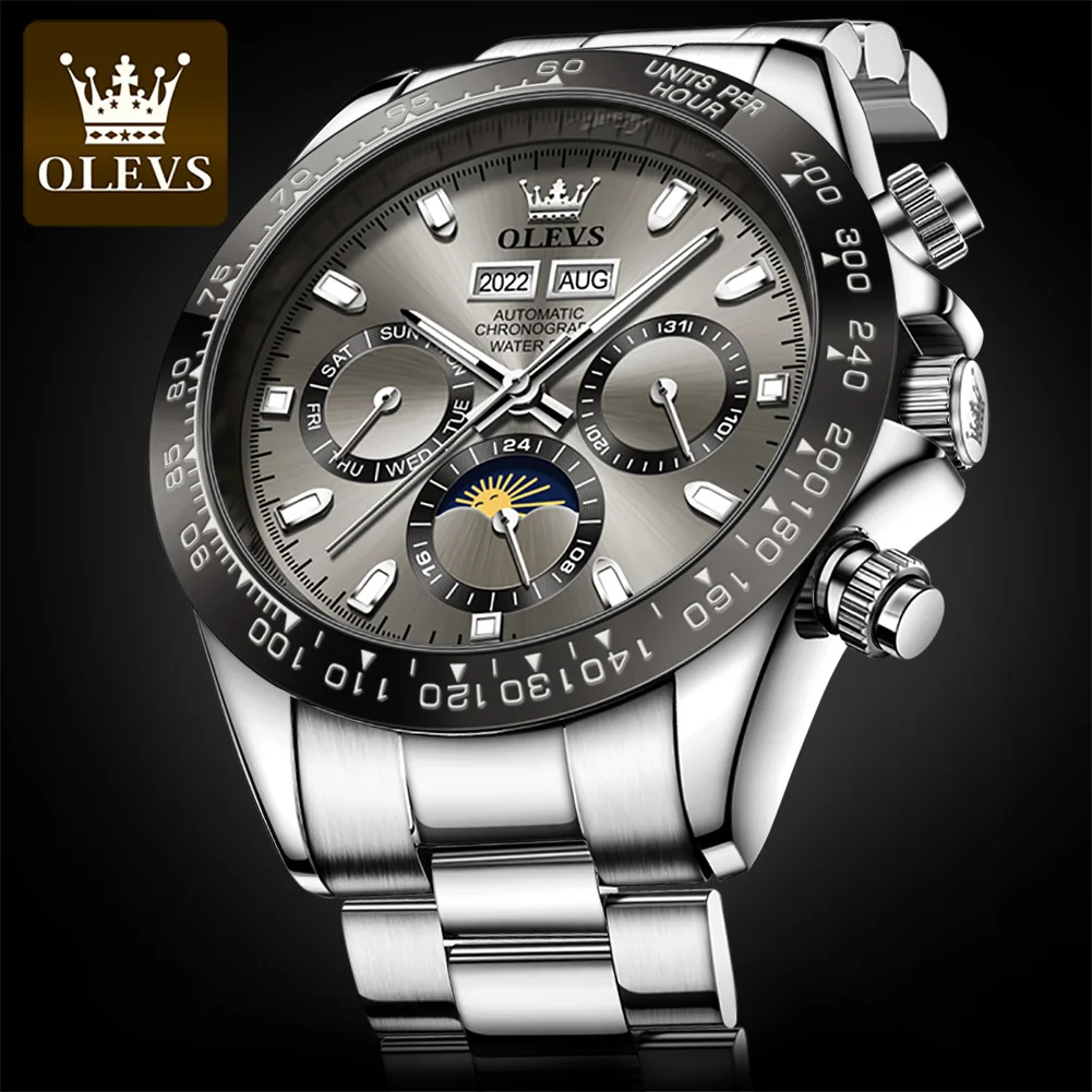 OLEVS 6654 Mens Watch Original Luxury Brand Chronograph Automatic Mechanical Sports Wristwatch Waterproof Luminous Watch For Man