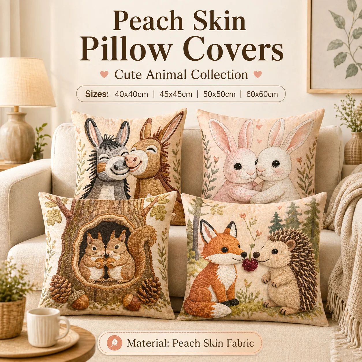 

Cute Forest Animal 2D Flat Printing Peach Skin Cushion Cover Faux Embroidery Rabbit Fox Throw Pillow Case For Sofa Home Decor