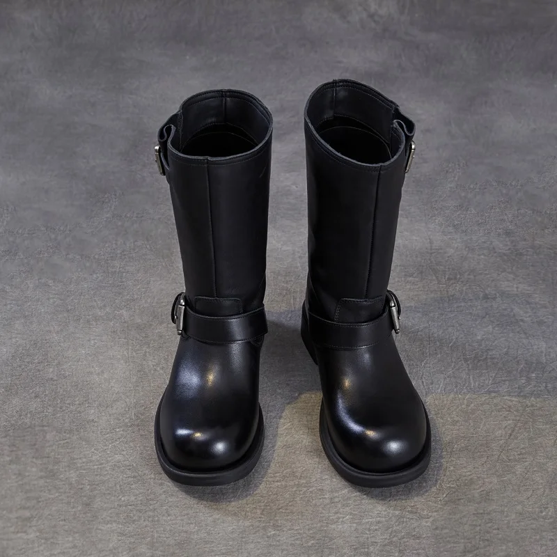 DRKANOL Women Genuine Leather Mid Calf Boots Autumn Winter Luxury Design Round Toe Mid Thick Heel Street Style Leisure Boots