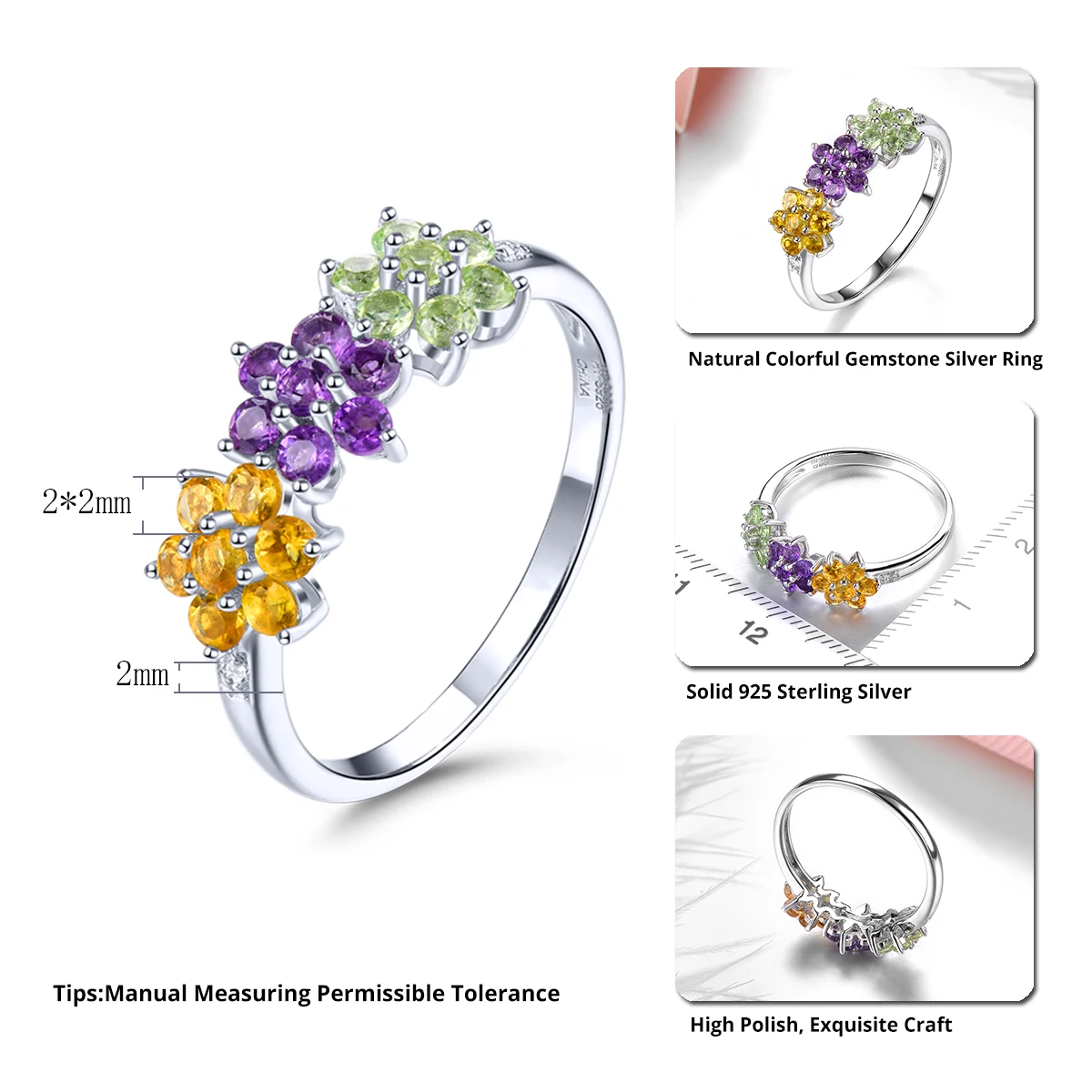 Natural Citrine Amethyst Peridot Sterling Silver Ring Genuine Colorful Gemstone Romantic Style S925 Fine Jewelrys Women Birthday