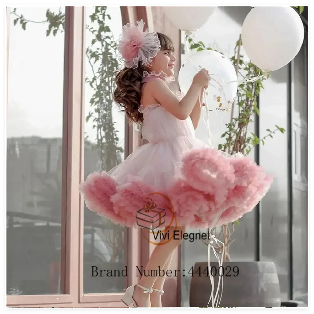 Pink Flower Girl Dresses Tulle Sleeveless Appliques Top And Puffy Hem Fit Wedding Party Birthday Princess Gowns