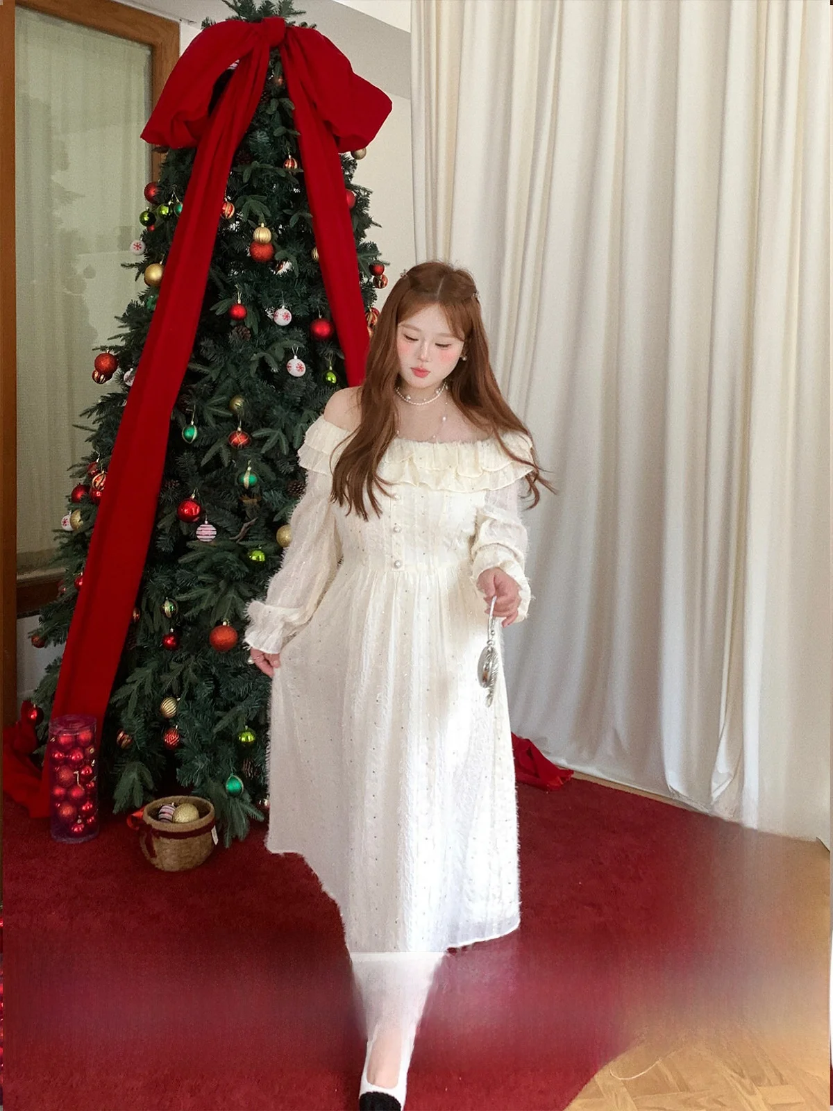 

Xu Da Bu plus Size Dr Women's Autumn Winter New Sle White Skirt Slimming Long Dr French Sle A-Line Loose Fit Casual