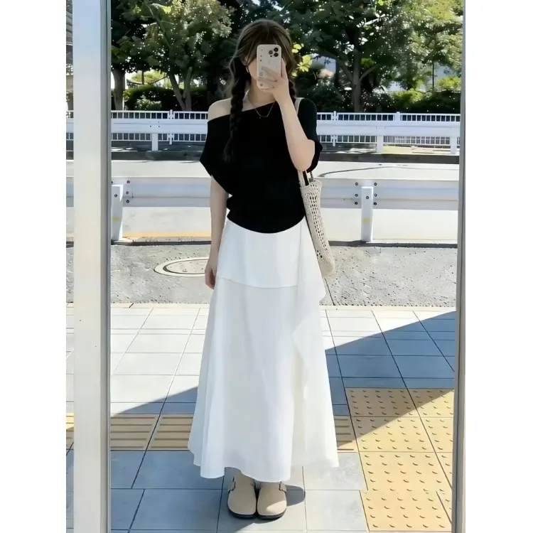 

Korean Style Slimming Slope Shoulder Short Sleeve Top Half Skirt Two Piece Set Fashionable Summer Outfit Breathable Polyester