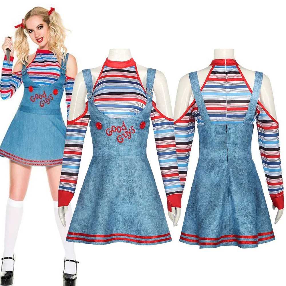 

New Movie Child's Play Cosplay Costume Women Striped Top Dress Horror Ghost Doll Clothes Halloween Carnival Outfits